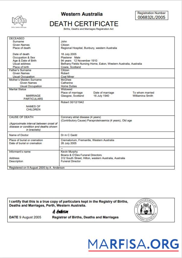 Realistic Australia Western Australia death certificate template in Word
